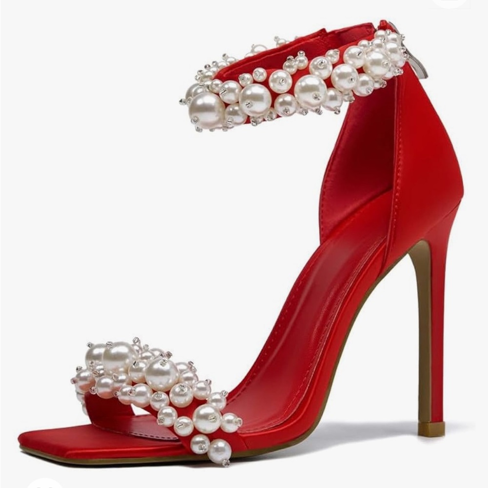 Women's Pearl Stiletto Heels Sandals Open Square Toe